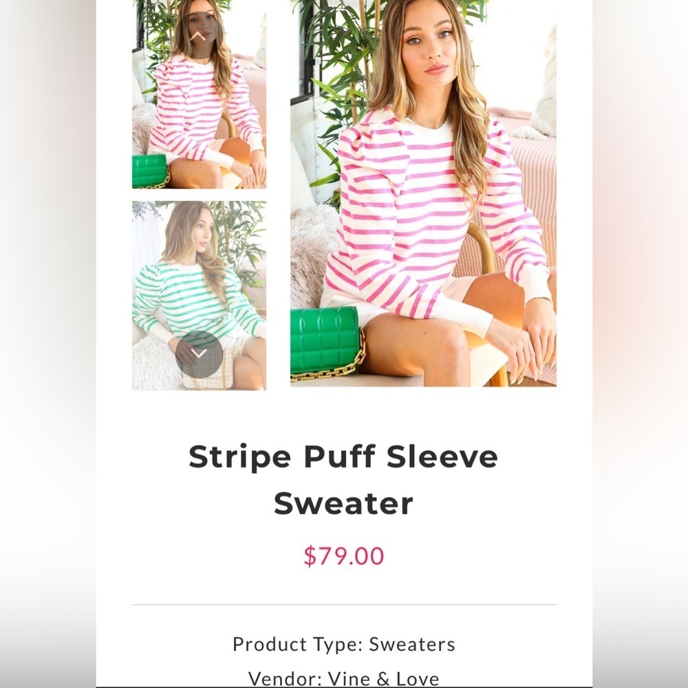 VINE & LOVE HALSTON STRIPE PUFF SLEEVE SWEATER - SZ L NWT